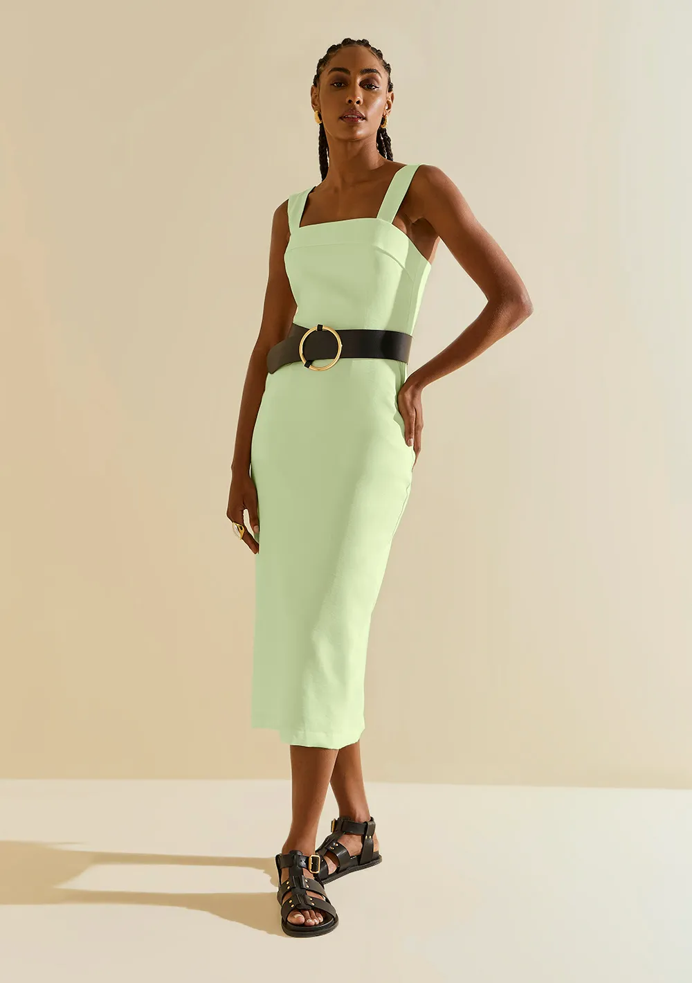 Vestido Morena Rosa Ajustado Decote Reto Com Alça Midi Verde