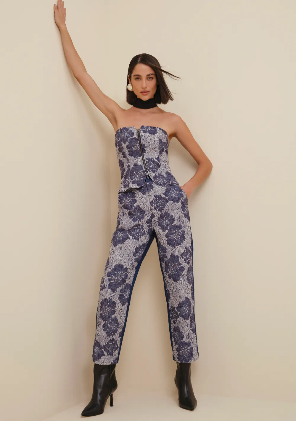 Calça Morena Rosa Reta Renata Cós Alto Composê De Tecidos Azul Marinho