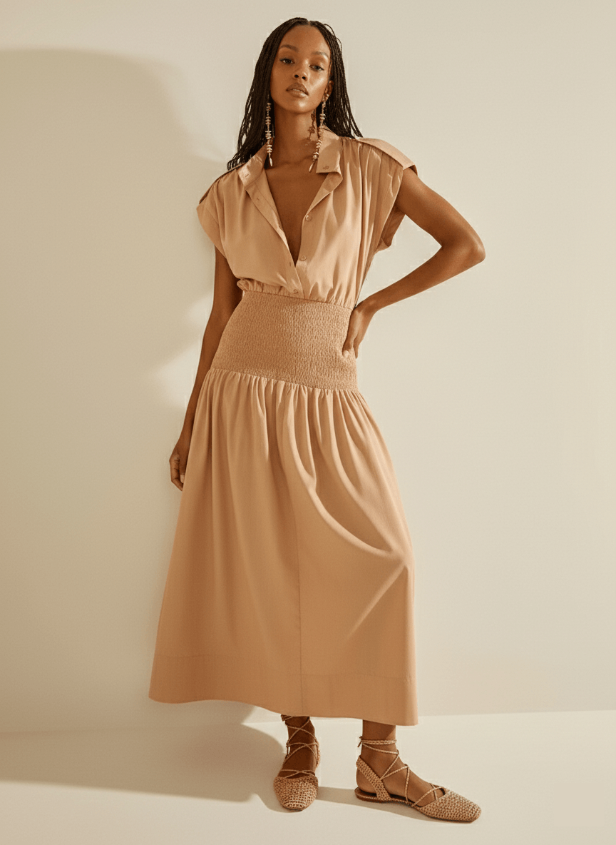Vestido Morena Rosa Solto Gola Clássica Sem Manga Midi Marrom