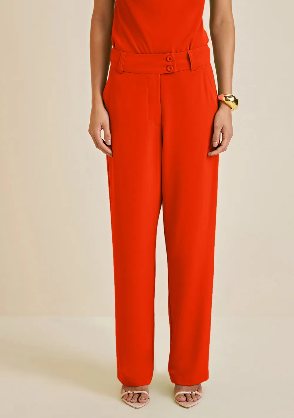 Calça Morena Rosa Reta Cós Alto Bolso Faca Laranja
