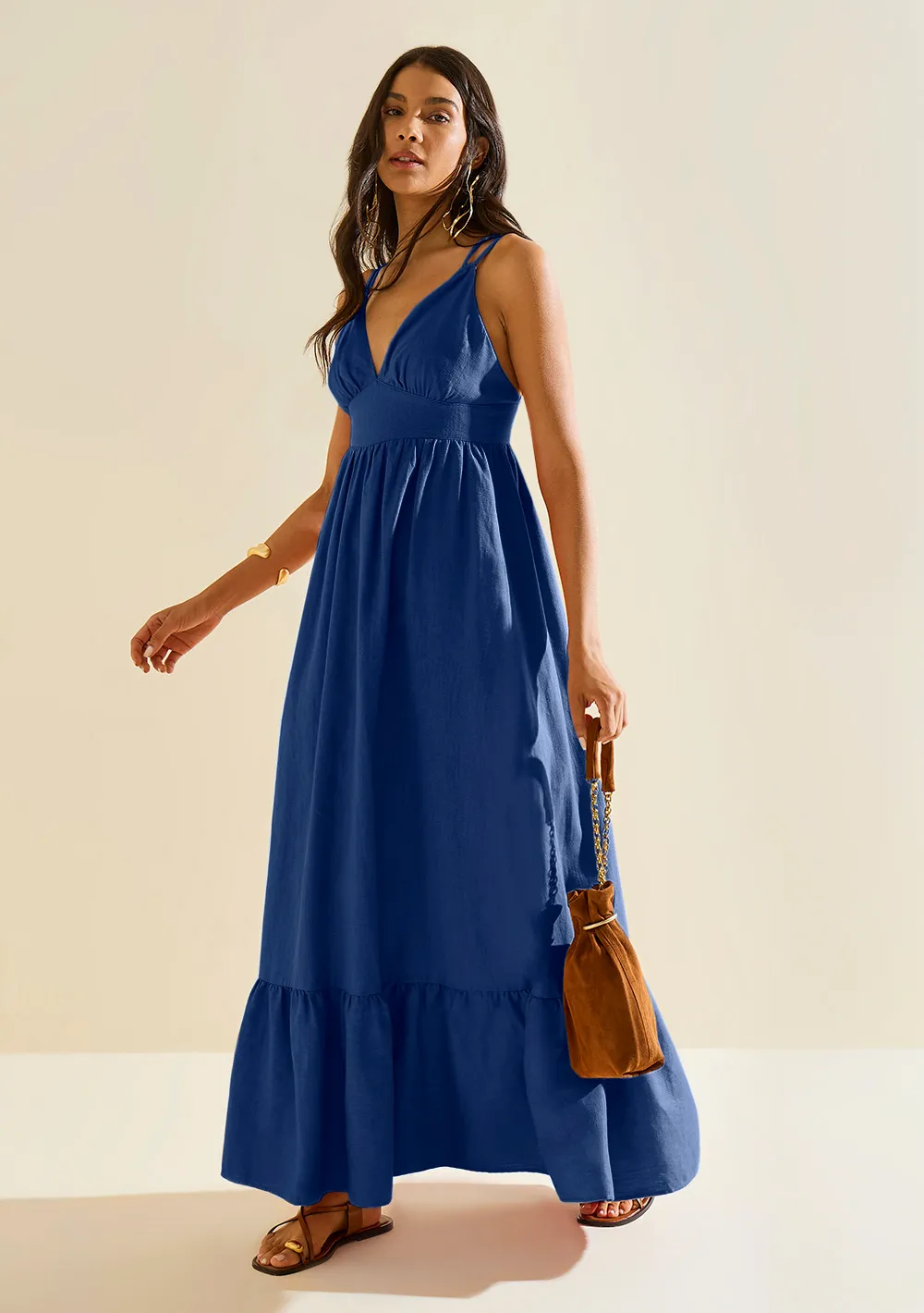 Vestido Morena Rosa Solto Decote V Com Alça Longo Azul Escuro