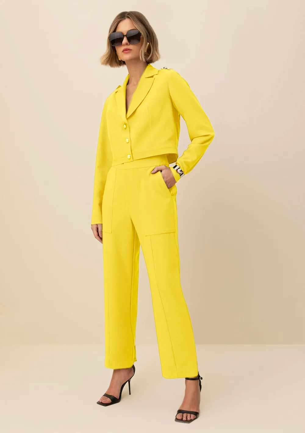 Calca Morena Rosa Cenoura Cós Alto Bolso Faca Amarelo — foto 2