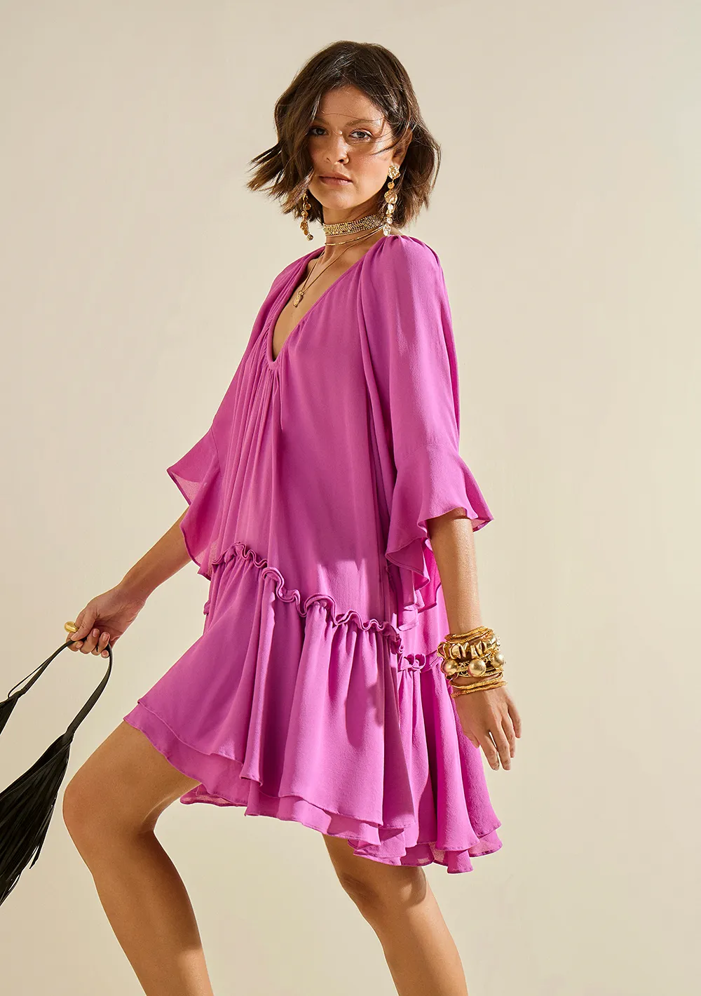 Vestido Morena Rosa Solto Decote V Manga 7 Oitavos Curto Roxo