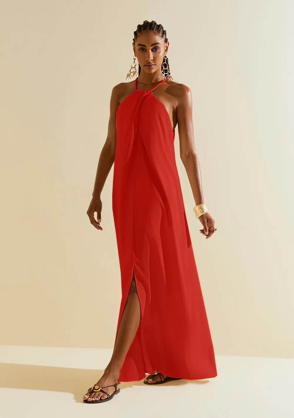 Vestido Morena Rosa Ajustado Decote V Sem Manga Midi Vermelho