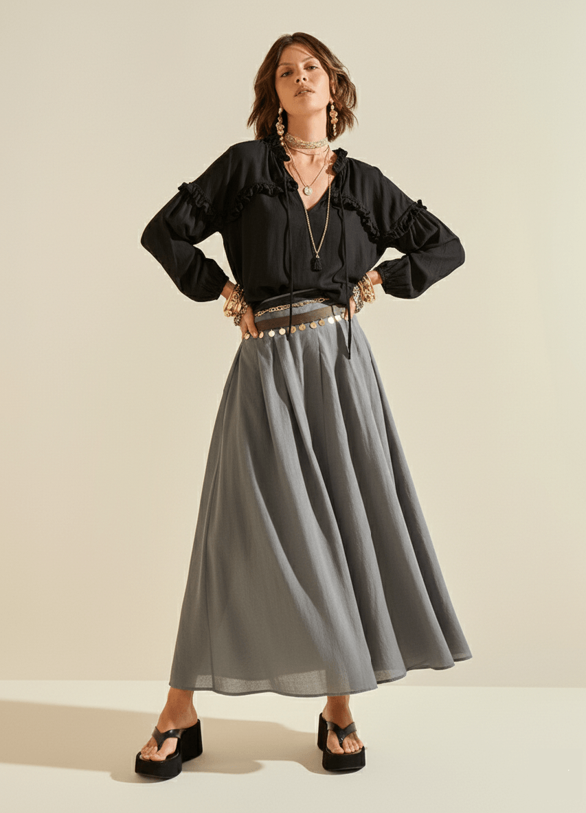 Blusa Morena Rosa Solta Decote V Manga Longa Padrão Preto