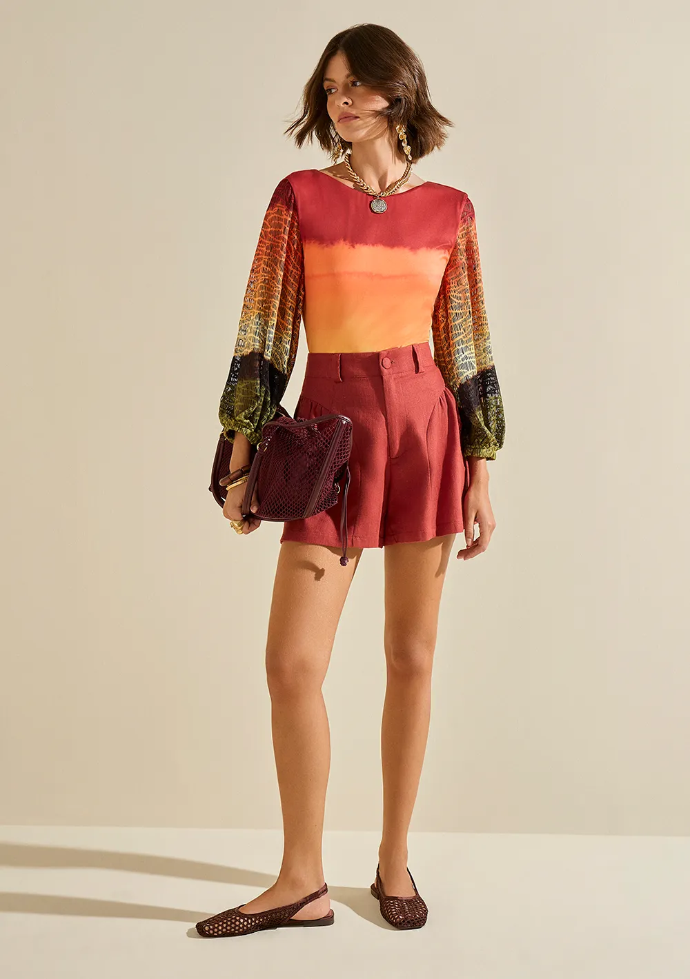 Shorts Morena Rosa Amplo Alta Bordo
