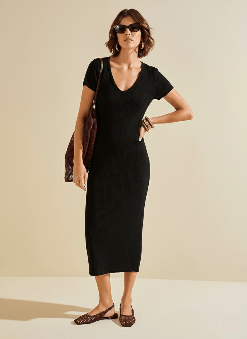 Vestido Morena Rosa Ajustado Decote V Manga Curta Midi Preto