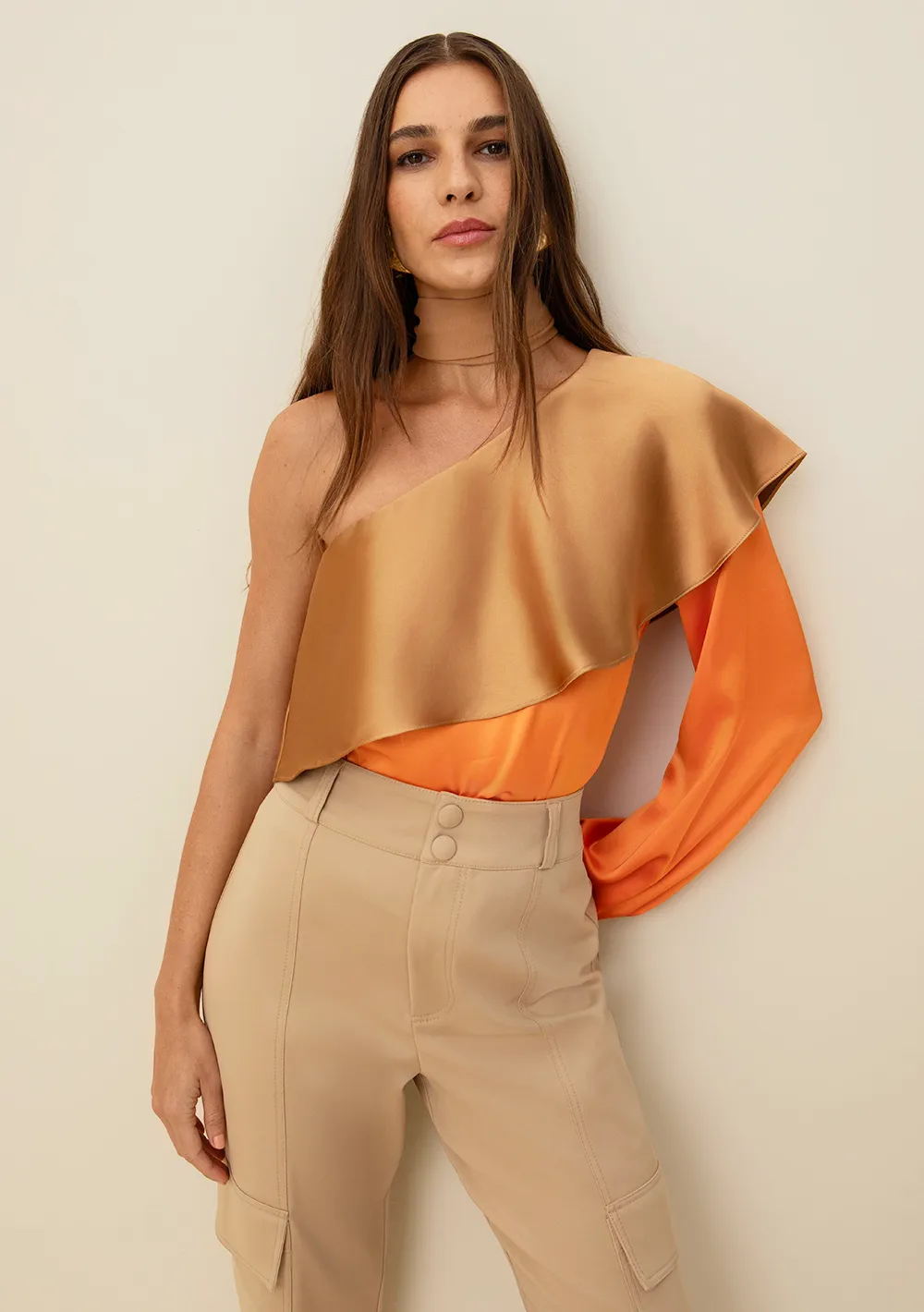 Blusa Morena Rosa Ombro Só Manga Longa Babado Decote Laranja
