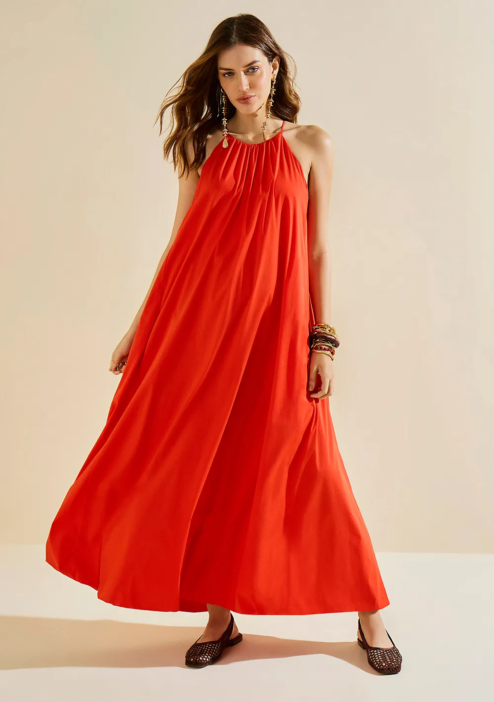 Vestido Morena Rosa Solto Cava Francesa Sem Manga Midi Vermelho