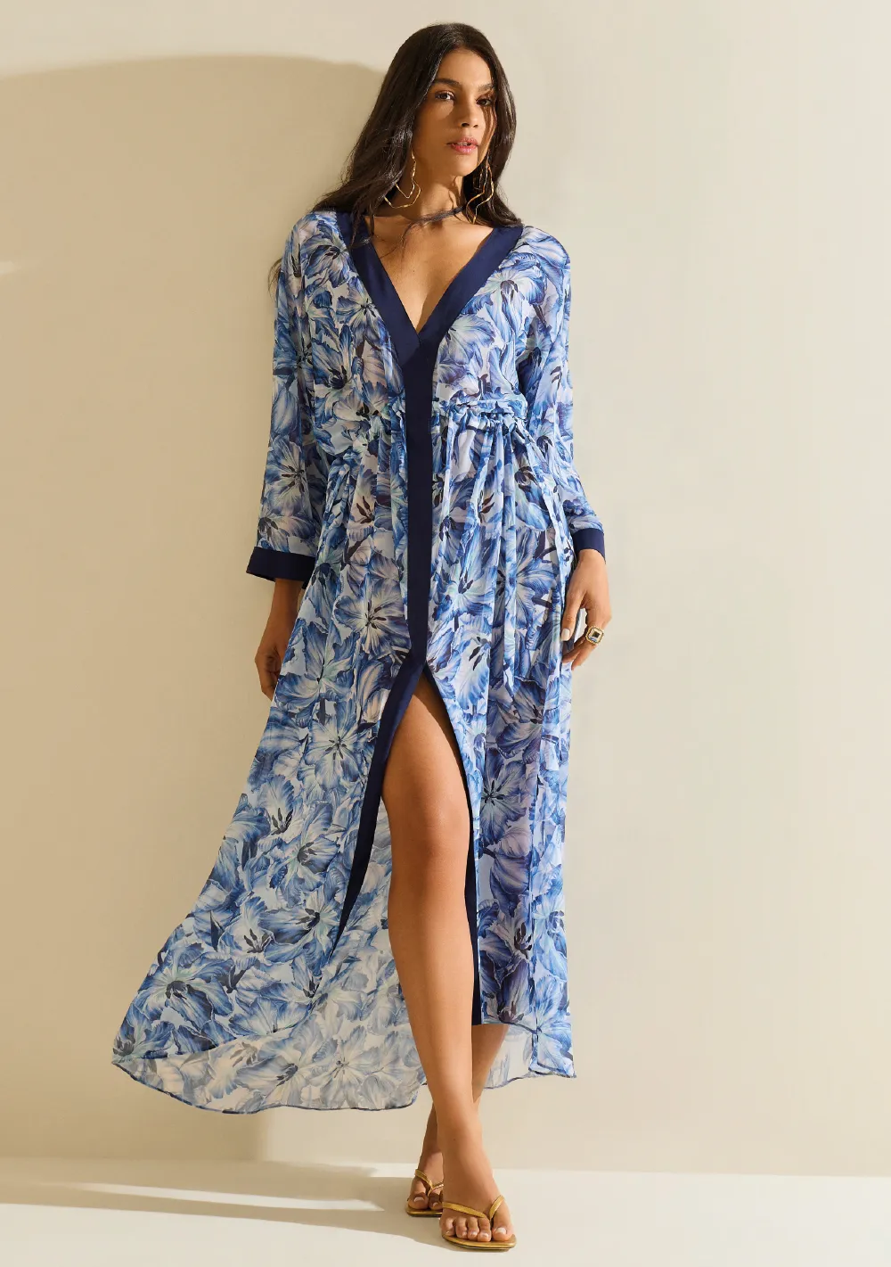 Vestido Morena Rosa Solto Decote V Manga 7 Oitavos Midi Azul
