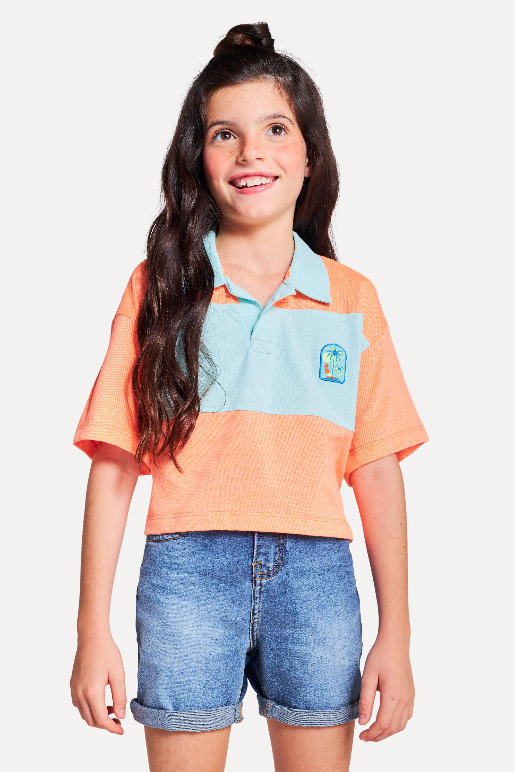 Polo Menina Cropped Recortes Neon