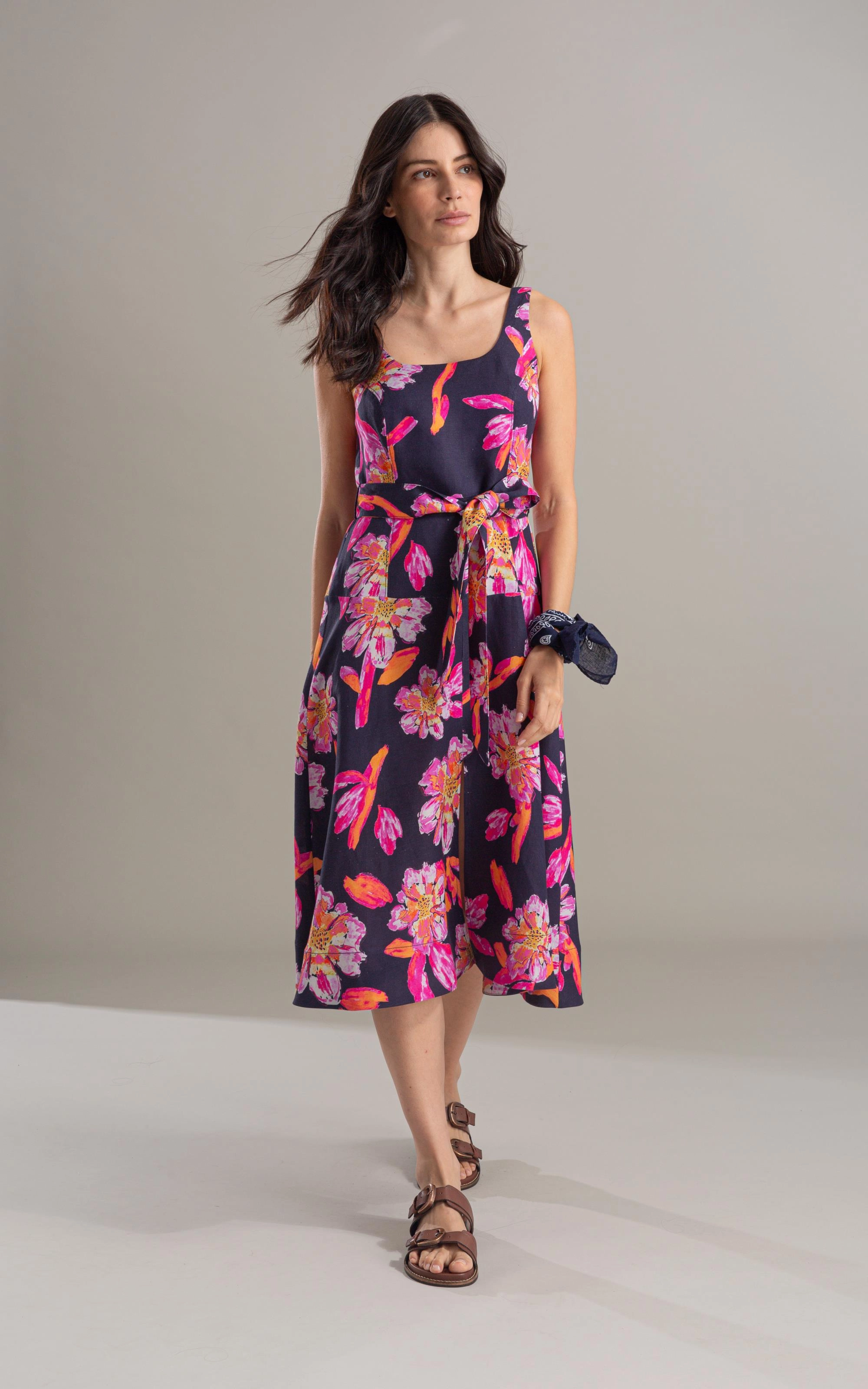 Vestido Linho  Grace  Estampa Artflower Dark Navy