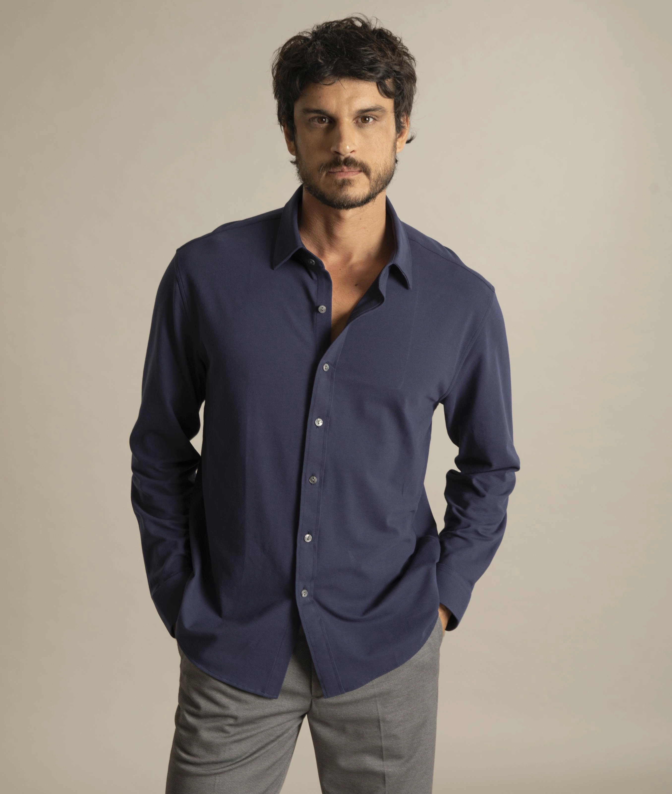 Camisa Piquet Classic Ml Dark Navy