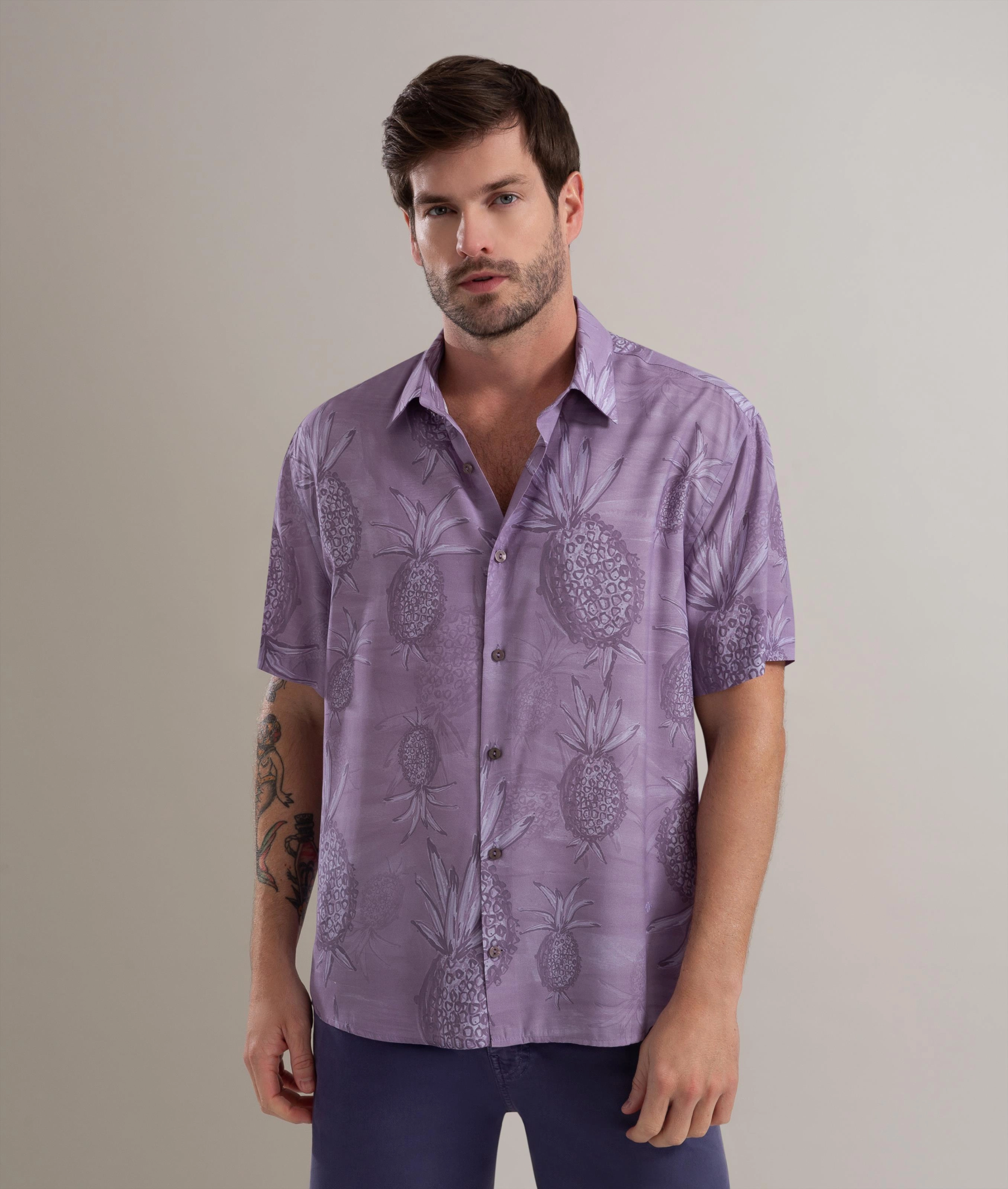 Camisa Viscose Estampada Abacaxis Mc Azul Jeans