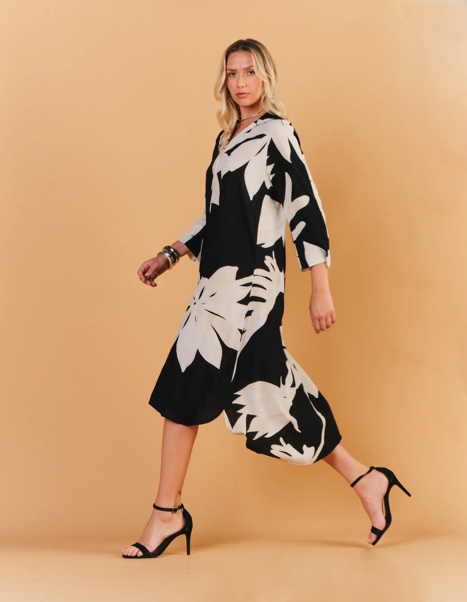 Chemise Midi Estampada Malu New - Preto