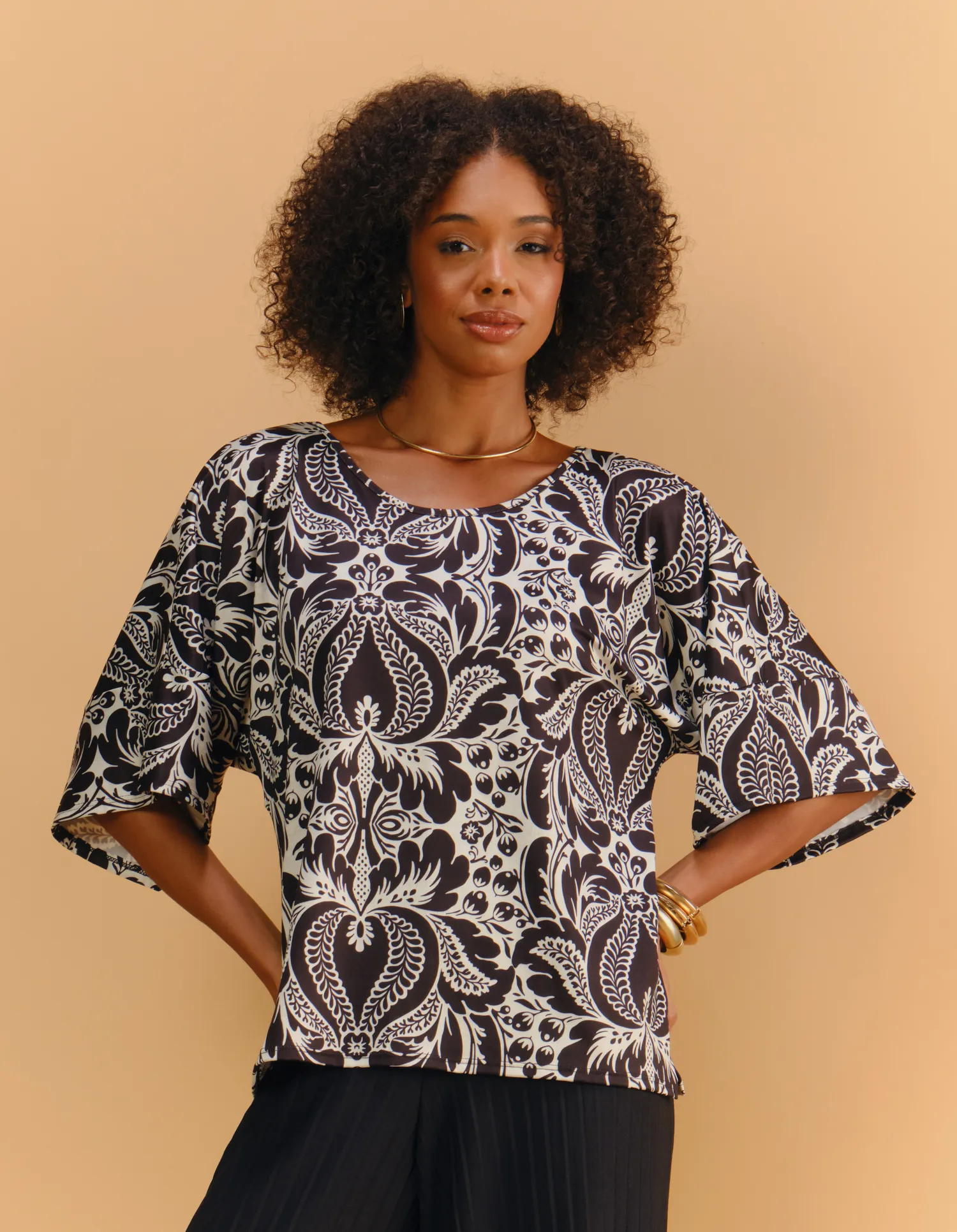 Blusa Estampada Barrado P&b - Areia