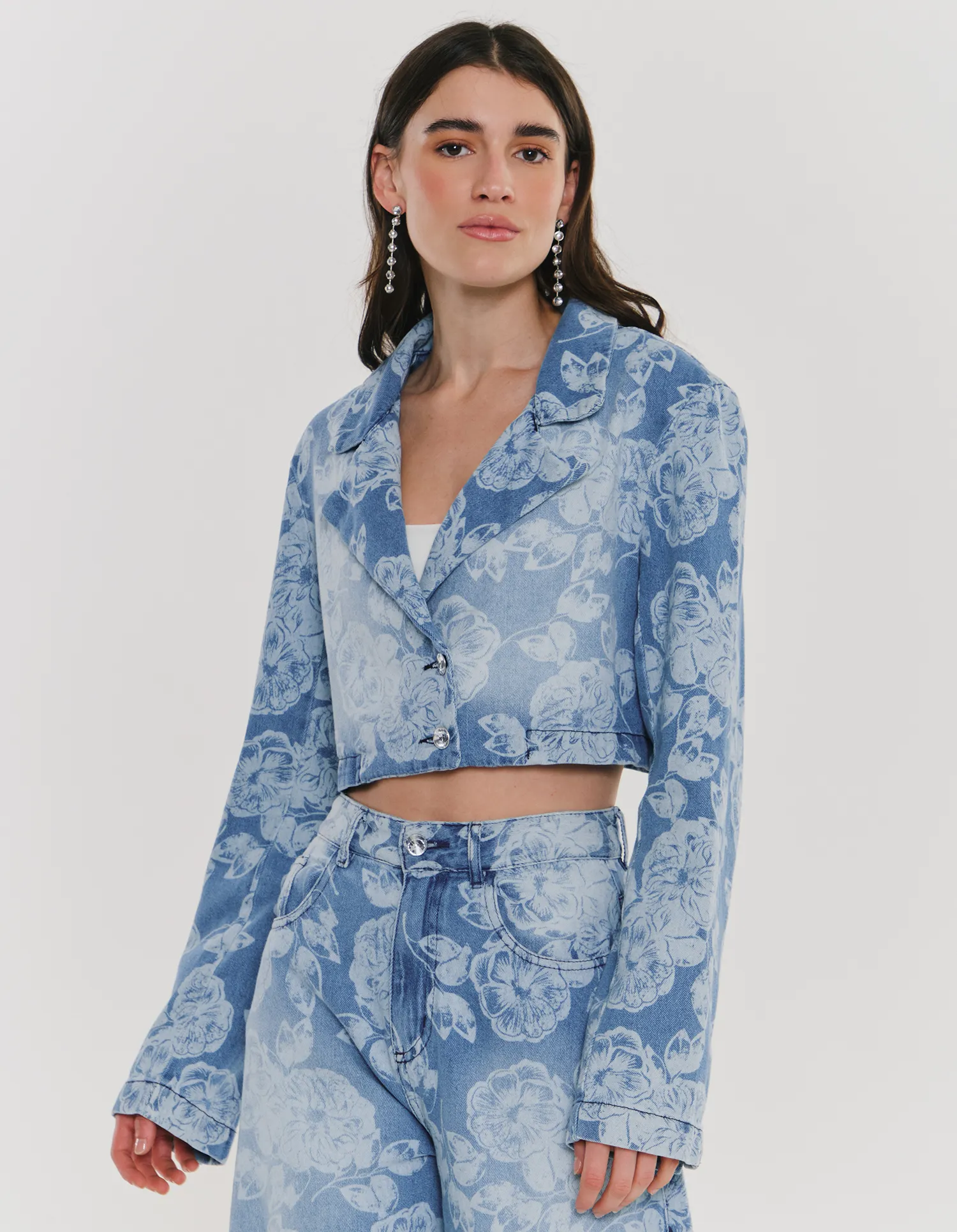 Jaqueta Cropped Jeans Estampa Botanic - Jeans
