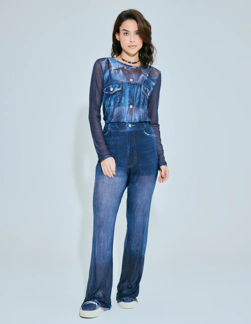 Calça Flare Tule Localizado - Denim Medio