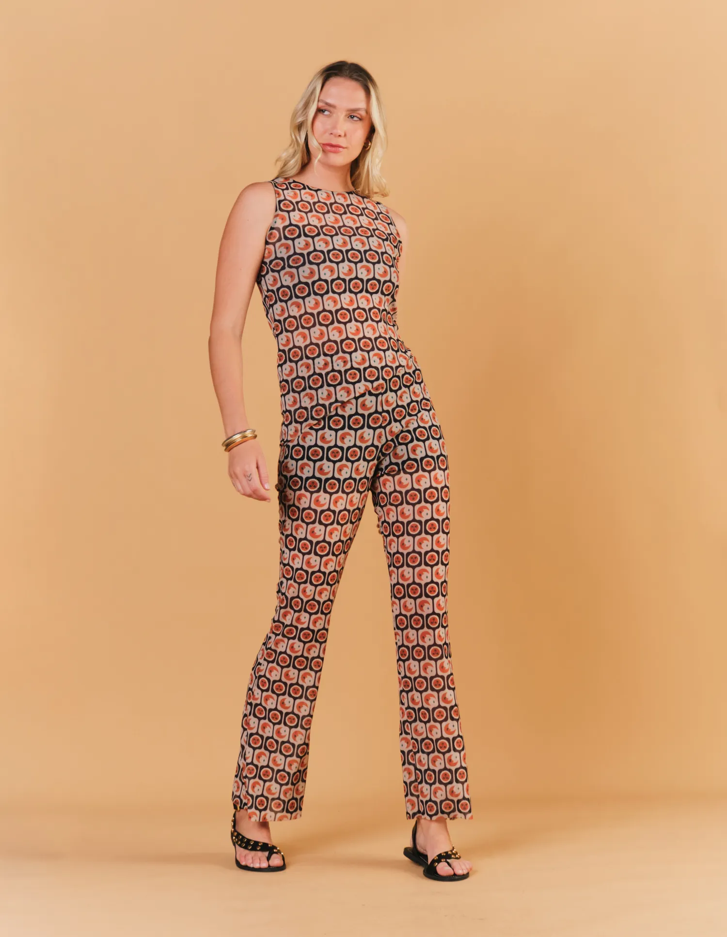 Calça Flare Tule Estampado Cósmos - Areia